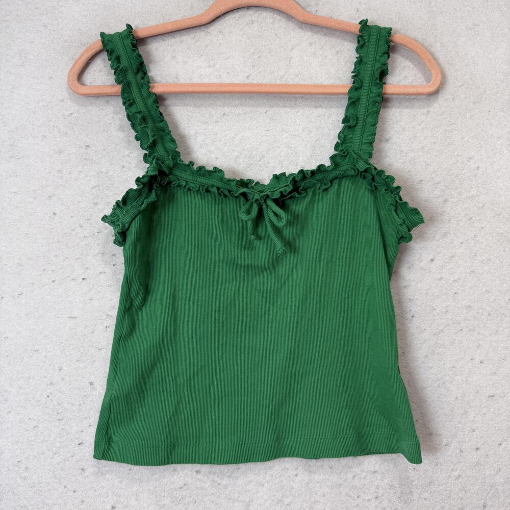 Maeve Tank Top Womens Medium Green Ruffle Strap Square Neck Jersey Camisole